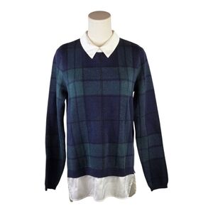 Tahari Plaid Faux Layer Sweater Shirt Top Medium Navy Green Preppy Workwear